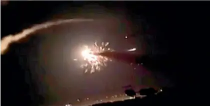  ?? AP ?? This frame grab from a video provided by the Syrian official news agency SANA shows missiles flying into the sky near Damascus, Syria, during what was claimed to be an Israeli air strike.