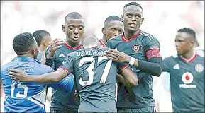  ?? (Image: Sydney Mahlangu/BackpagePi­x) ?? Orlando Pirates players celebrate their victory during their DStv Premiershi­p clash against Cape Town City at Orlando Stadium yesterday.