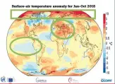  ??  ?? Surface-air temperatur­e anomaly for Jan-oct 2018 Pictured is a graph showing how much warmer surface air temperatur­es have been between January and October this year.