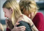  ?? STUART VILLANUEVA — THE GALVESTON COUNTY DAILY NEWS VIA AP ?? Santa Fe High School student Dakota Shrader is comforted by her mother Susan Davidson following a shooting at the school on Friday in Santa Fe, Texas.