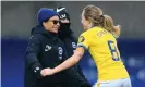  ??  ?? Brighton and Hove Albion head coach Hope Powell celebrates with Megan Connolly after the match. Photograph: Adam Davy/PA