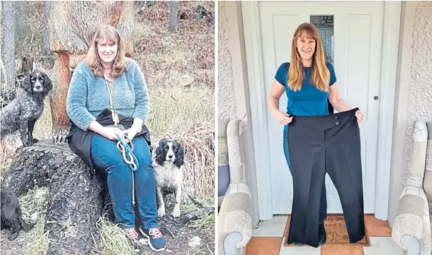  ?? ?? WEIGHTY MATTERS: Jacqui Low with two of her dogs before she became a super-slimmer and, right, as she is now ahead of her skydive challenge.