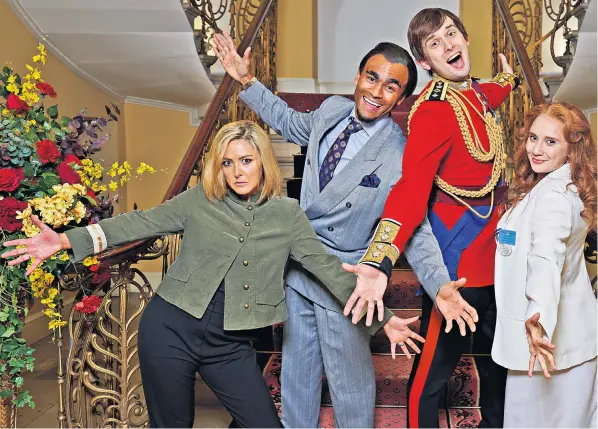  ?? ?? Emma Sidi as Emily Maitlis, the Newsnight presenter, Munya Chawawa as the King, Kieran Hodgson as the Duke of York, and Jenny Bede, as Sarah, Duchess of York, in the Channel 4 musical based on the Duke’s life