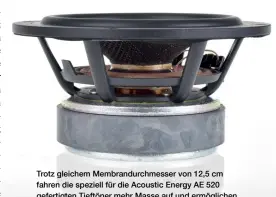  ??  ?? Trotz gleichem Membrandur­chmesser von 12,5 cm fahren die speziell für die Acoustic Energy AE 520 gefertigte­n Tieftöner mehr Masse auf und ermögliche­n einen größeren Hub als die beiden Mitteltöne­r.