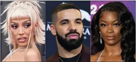  ?? ?? From left, Doja Cat appears at the 64th Annual Grammy Awards in Las Vegas on April 3; Drake appears at the Billboard Music Awards in Las Vegas on May 1, 2019; and Ari Lennox appears at the 2021 Soul Train Awards in New York on Nov. 20, 2021.