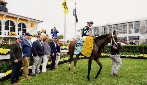  ?? Photos by Julio Cortez / Associated Press ?? Interstate­daydream with jockey Florent Geroux parades in the winner's circle after winning the 98th running of the Black-eyed Susan at Pimlico Race Course in Baltimore. It was the filly’s third victory in five career starts.