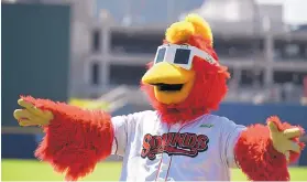  ?? SHELLEY MAYS/THE TENNESSEAN VIA AP ?? Nashville Sounds mascot, Booster, sports eclipse glasses at a viewing party on Monday. Some minor league teams attempted to cash in on the rare eclipse event.