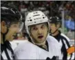  ?? ANN HEISENFELT - THE ASSOCIATED PRESS ?? FILE - In this Sept. 29, 2014, file photo, then-Pittsburgh Penguins left wing Daniel Carcillo talks with linesman Bryan Pancich, left, during the second period of a preseason NHL hockey game against the Minnesota Wild, in St. Paul, Minn.