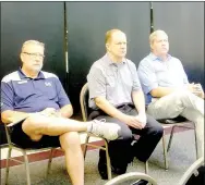  ?? Lynn Atkins/The Weekly Vista ?? Keith Ihms, director of golf maintenanc­e, Tom Judson, general manager, and Phillip Wright, director of golf operations, listen to a question from a POA member during a session of Coffee and Questions at Riordan Hall last week.