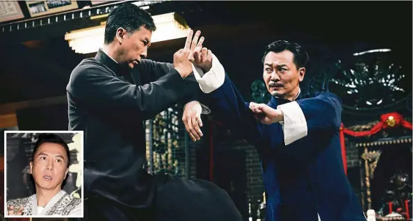  ??  ?? One of the scenes of the film features Ip man (left) facing off against tai chi exponent master Wan (Wu yue). This will be yen’s (inset) final outing as the Wing chun grand master — handout