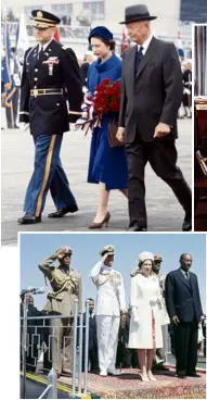  ??  ?? Top: The Queen walks with US President Eisenhower at Washington Airport in 1957 Above: Queen Elizabeth II on a visit to Khartoum in Sudan in 1965