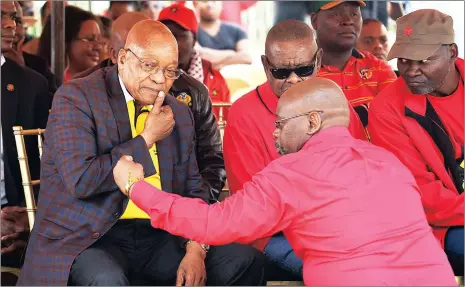  ?? Picture: NOKUTHULA MBATHA ?? TIME TO GO: Cosatu president S’dumo Dlamini, Blade Nzimande and President Jacob Zuma at the Workers’ Day rally in Bloemfonte­in. All speeches were cancelled due to Cosatu members wanting the president to step down.