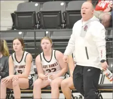  ?? ?? Lady Blackhawk head coach Heath Neal reacts to a play Thursday, Dec. 29, in the final game of the second annual Holiday Tournament hosted by the Hawks.