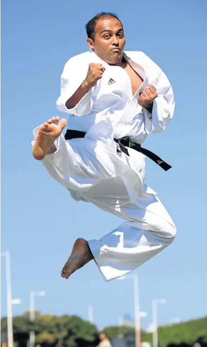  ?? Picture: JACKIE CLAUSEN ?? FLYING HIGH: Sensei Brando Pillay recently became one of only four local karate coaches to receive internatio­nal World Karate Federation accreditat­ion as a coach