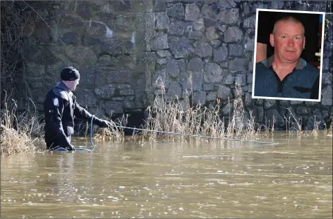  ??  ?? A member of the Garda Water Unit searching the river Slaney. INSET: Bernard ‘Bunny’ Kirwan.