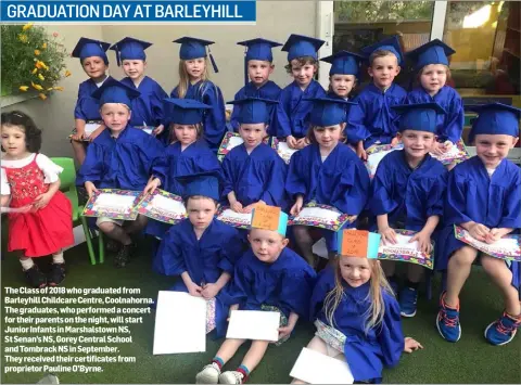  ??  ?? The Class of 2018 who graduated from Barleyhill­ChildcareC­entre, Coolnahorn­a. The graduates, who performed a concert for their parents on the night, will start Junior Infants in Marshalsto­wn NS, St Senan’s NS, Gorey Central School and Tombrack NS in...