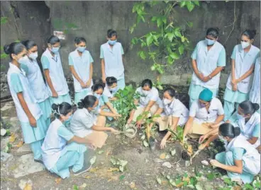  ?? PRAFUL GANGURDE/HT PHOTO ?? On the occasion of World Environmen­t Day, the nurses of Distict Nurses' Training Centre plant tree saplings on the premises in Thane, Mumbai on Saturday.