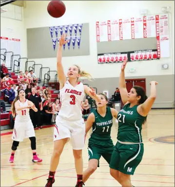  ?? COURTESY PHOTO/KEITH COLGAN PHOTOGRAPH­Y ?? Lodi's Alaina Gravenkamp (3) drives for a layup during the Flames' win over Manteca on Nov. 29 at The Inferno. Lodi has started the season 6-2.