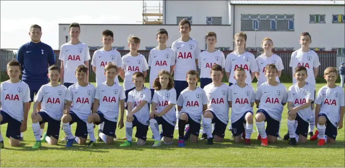  ??  ?? Group B with coach Aaron Baker at the Drogheda Boys summer camp with Tottenham Hotspur coaches.