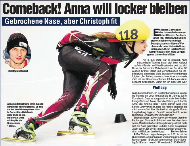  ??  ?? Christoph Schubert Anna Seidel hat trotz ihrer Jugend bereits für Furore gesorgt. So zog sie bei den Winterspie­len 2014 in Sotschi ins Halbfinale über 1 500 m ein, bei der EM 2016 erkämpfte sie Bronze über 1000 m. el h sc nt e H tz Lu : to Fo