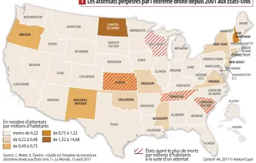  ??  ?? 3 Les attentats perpétrés par l’extrême droite depuis 2001 aux États-Unis Source : L. Motet, A. Travère, « Quelle est l’ampleur du terrorisme d’extrême droite aux États-Unis ? », Le Monde, 15 août 2017 no 44, 2017 © Areion/Capri