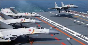  ?? PHOTOGRAPH: eng.chinamil.com.cn ?? A J-15 fighter jet landing on Chinese Aircraft Carrier Liaoning