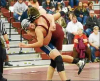  ?? DIGITAL FIRST MEDIA FILE ?? Spring-Ford’s Tyler LaRocca, here wrestling Pottsgrove’s Avery Shivak at 220 pounds, joins his teammates for the PAC championsh­ips this weekend at Boyertown.