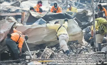  ??  ?? Search and rescue personnel look for human remains in the Journey’s End Mobile Home park following the damage caused by the Tubbs Fire in Santa Rosa, California. — AFP photo