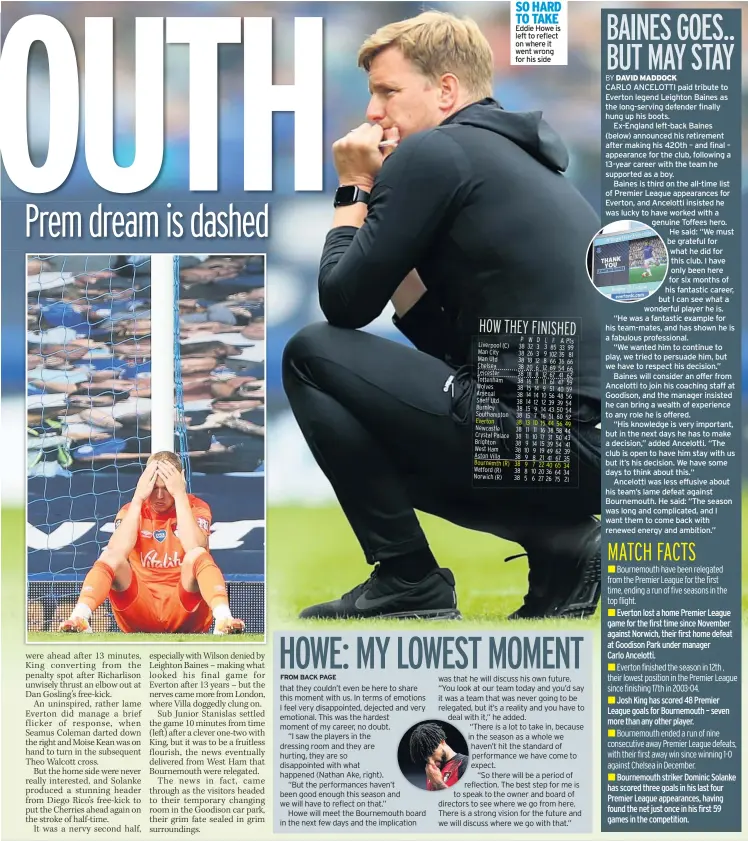  ??  ?? SO HARD TO TAKE Eddie Howe is left to reflect on where it went wrong for his side
Everton lost a home Premier League game for the first time since November against Norwich, their first home defeat at Goodison Park under manager Carlo Ancelotti.