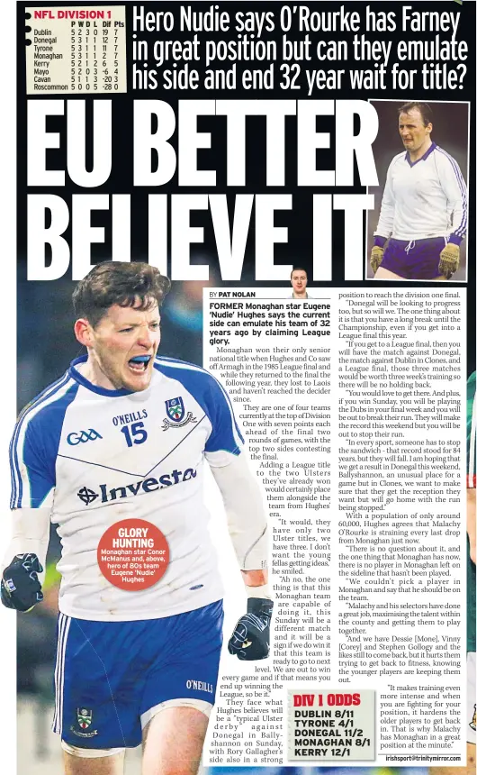  ??  ?? GLORY HUNTING Monaghan star Conor Mcmanus and, above, hero of 80s team Eugene ‘Nudie’ Hughes