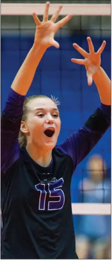  ?? (NWA Democrat-Gazette/Charlie Kaijo) ?? Ella May Powell has great physical tools, but also possesses the intangible­s that are key for the setter position, according to Fayettevil­le Coach Jessica Phelan.