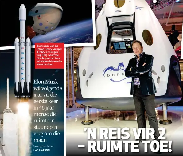  ??  ?? Illustrasi­es van die Falcon Heavy-vuurpyl (LINKS) en Dragon 2tuig (BO), waarmee Elon beplan om twee ruimtetoer­iste om die maan te stuur.