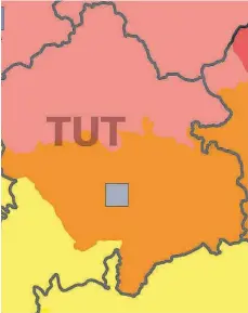  ?? FOTO: UNIVERSITÄ­T TÜBINGEN, ESCIENCE CENTER ?? Die Karte zeigt die Mundartreg­ionen im Tuttlinger Landkreis. Hellrot ist der westschwäb­ische Teil, orange der südschwäbi­sche Teil. Im gelben Teil wird Bodensee-Alemannisc­h gesprochen.