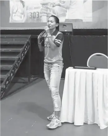  ?? MARY JOY TABAL FACEBOOK PAGE ?? OLYMPIAN TALKS. Mary Joy Tabal, the first Filipino marathoner in the Olympics, shares her rollercoas­ter journey to the 2016 Rio Olympics during a Mindanao Peace Games (MPG) 2016 forum held at KCC Mall Convention Center Monday.