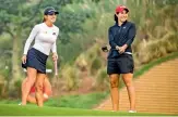  ??  ?? Belen Mozo (left) and Carlota Ciganda at practice in Gurgaon on Wednesday, ahead of the Hero Women’s Indian Open that gets under way on Friday.