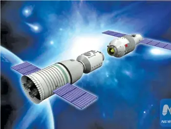  ??  ?? Tianzhou-1 successful­ly refueled the Tiangong-2 space lab in orbit on April 27, 2017.