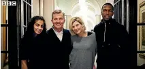  ??  ?? Meet the 13th Doctor’s new friends - Yasmin (Mandip Gill), left, Graham (Bradley Walsh), second from left, and Ryan (Tosin Cole) right.