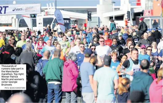  ?? PICS: SEAN HANSFORD ?? Thousands of runners take part in the Manchester marathon. Top right: Winner Patrick Martin and women’s victor Georgie Bruinvels