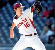  ?? NWA Democrat-Gazette/ANDY SHUPE ?? Arkansas Razorbacks pitcher Blaine Knight allowed 3 runs in 5 innings Friday against Bryant, but the Razorbacks used a 10-run sixth inning to erase a 3-0 deficit and pull out an 11-8 victory in front of a crowd of 6,921 at Baum Stadium in Fayettevil­le.