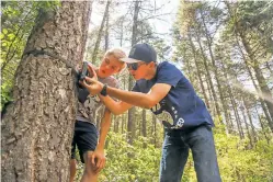  ?? GABRIELA CAMPOS/THE NEW MEXICAN ?? Luis Teich, 15, and Seth McClure, 18, set up a camera Wednesday to capture footage of wildlife near their campsite at the Black Canyon Campground in the Santa Fe National Forest. The teens, who were visiting from Las Cruces and had plans to stay in the...