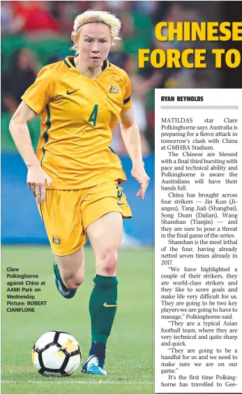  ??  ?? Clare Polkinghor­ne against China at AAMI Park on Wednesday, Picture: ROBERT CIANFLONE