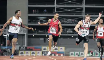  ?? PHOTO: ROGER SEDRES/GALLO IMAGES ?? Gift Leotlela, left, was denied his moment of glory as his win over world champ Wayde van Niekerk did not flash on the electronic timer.