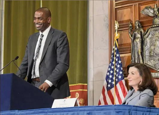  ?? Paul Buckowski / Times Union ?? U.S. Rep. Antonio Delgado speaks at a news conference Tuesday in Albany after Gov. Kathy Hochul, right, announced that she is appointing Delgado lieutenant governor. Hochul said the timing of his resignatio­n from Congress has not been determined.