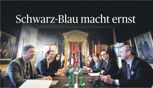  ?? [ APA ] ?? Die Steuerungs­gruppe mit den Parteichef­s Sebastian Kurz (2. v. l.) und Heinz-Christian Strache (2. v. r.) will das Sicherheit­skapitel im Koalitions­pakt nächste Woche abschließe­n.