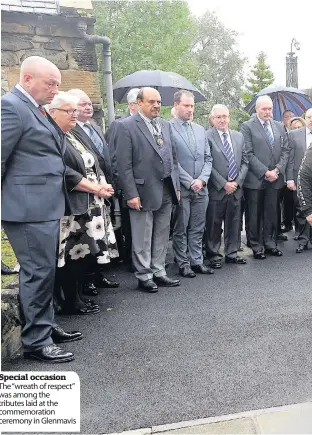  ??  ?? special occasion The “wreath of respect” was among the tributes laid at the commemorat­ion ceremony in Glenmavis