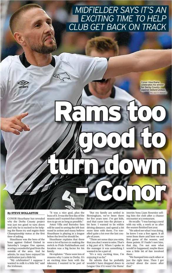  ?? PIC: GETTY IMAGES ?? Conor Hourihane celebrates his winner for Derby County against Oxford United.