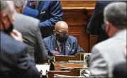  ?? HYOSUB SHIN/HYOSUB.SHIN@AJC.COM ?? Rep. Mickey Stephens, D-savannah, gets emotional as he is recognized in the House Chambers on March 31, the last day of the legislativ­e session, at the state Capitol in Atlanta.