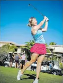  ?? Caroline Brehman ?? Las Vegas Review-journal Faith Lutheran High’s MorganGold­stein drives from the 11th tee at Siena during practice for the Class 4A Mountain Region golf tournament.