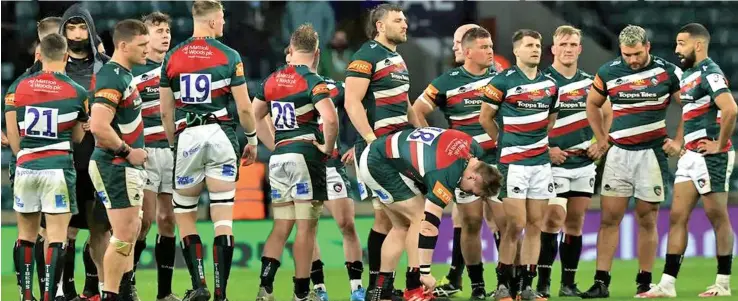  ?? Photo: Leicester Tigers ?? Leicester Tigers squad after the one-point, 18-17 loss to Montpellie­r in the 2020/21 European Challenge Cup Final.