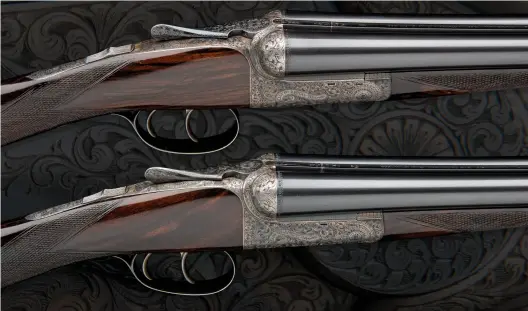  ?? ?? Above: a 1988 pair of David Mckay Brown 20-bore round action, trigger-plate ejectors. Right: this fine pair of James Macnaughto­n 28-bore round actions, built in 1894, included a long top lever and inspection port. Both pairs auctioned by Holts